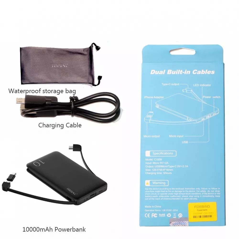 Portable Charger Power Bank 10000mah With Cable 10000mAh USB For iPhone Samsung Xiaomi