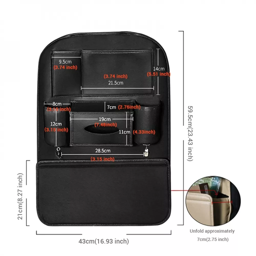 Multi-Pocket PU Leather Seat Back Organizer Travel Box For Car, Kids Storage Bottles and Tissue Box