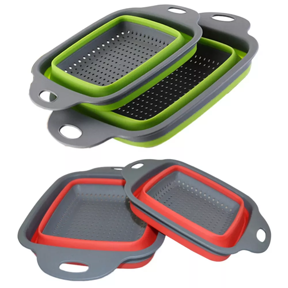 2Pcs Collapsible Colander and Kitchen Foldable Strainer Basket Square Shape For Fruit Vegetable Washing and Drainer Kitchen