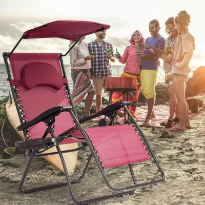Adjustable Folding Shade Reclining Chairs with Canopy, Pillow and Drink Tray 