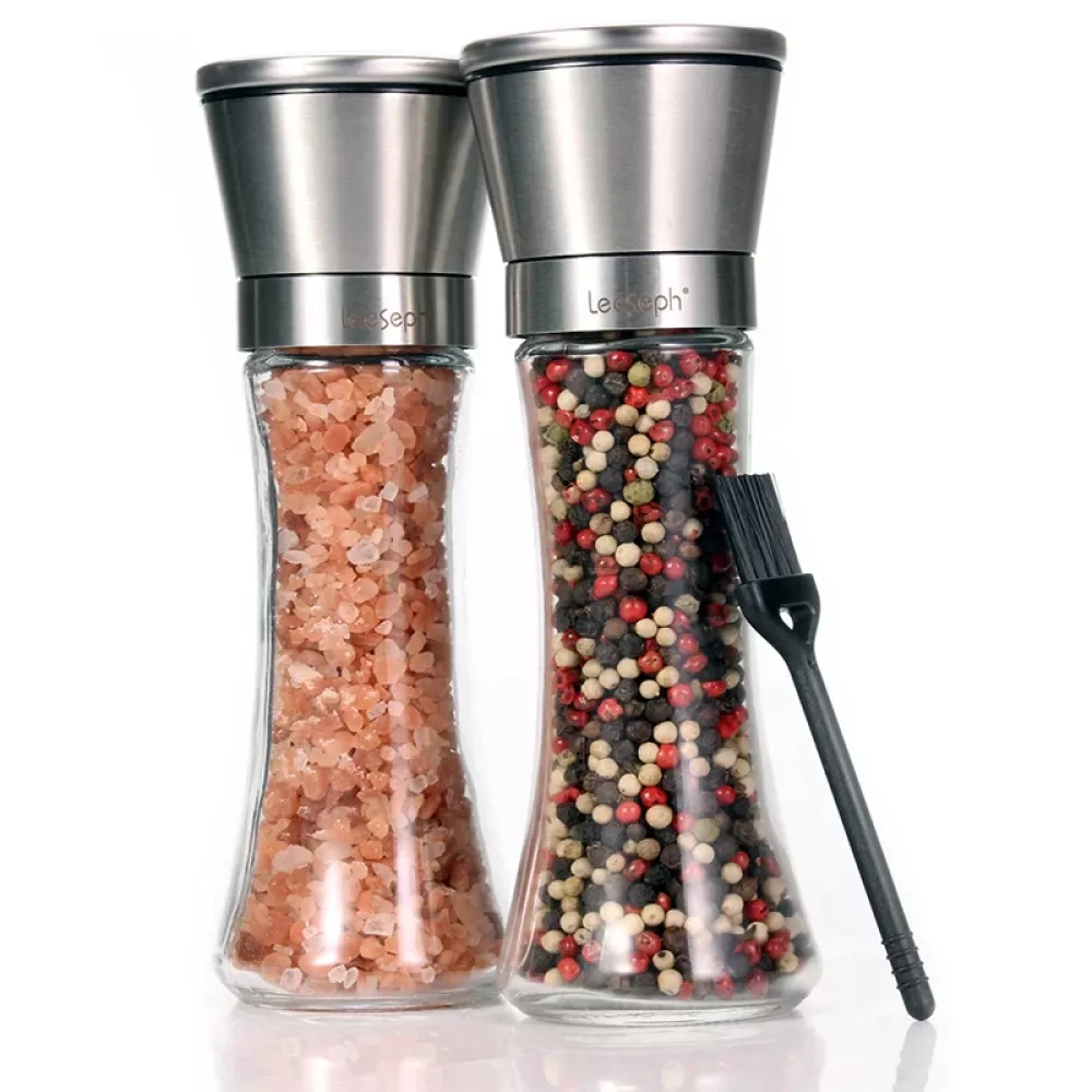 Stainless Steel Grinder for Salt and Pepper Adjustable and Easy to Use Set of 2 with Thick Glass Body