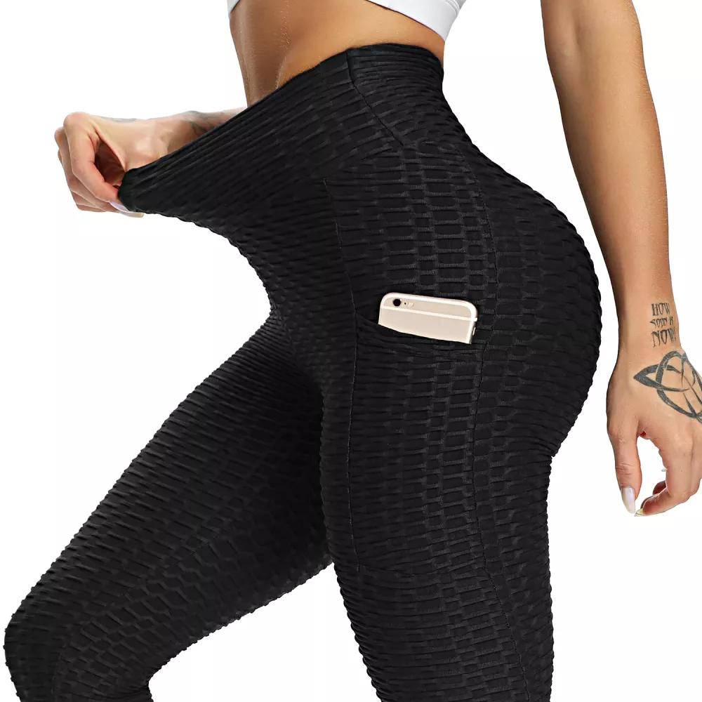 Women's Anti-Cellulite Honeycomb Leggings and Pants Bubble High Waist for Yoga, Running, Workout and Gym with Pocket