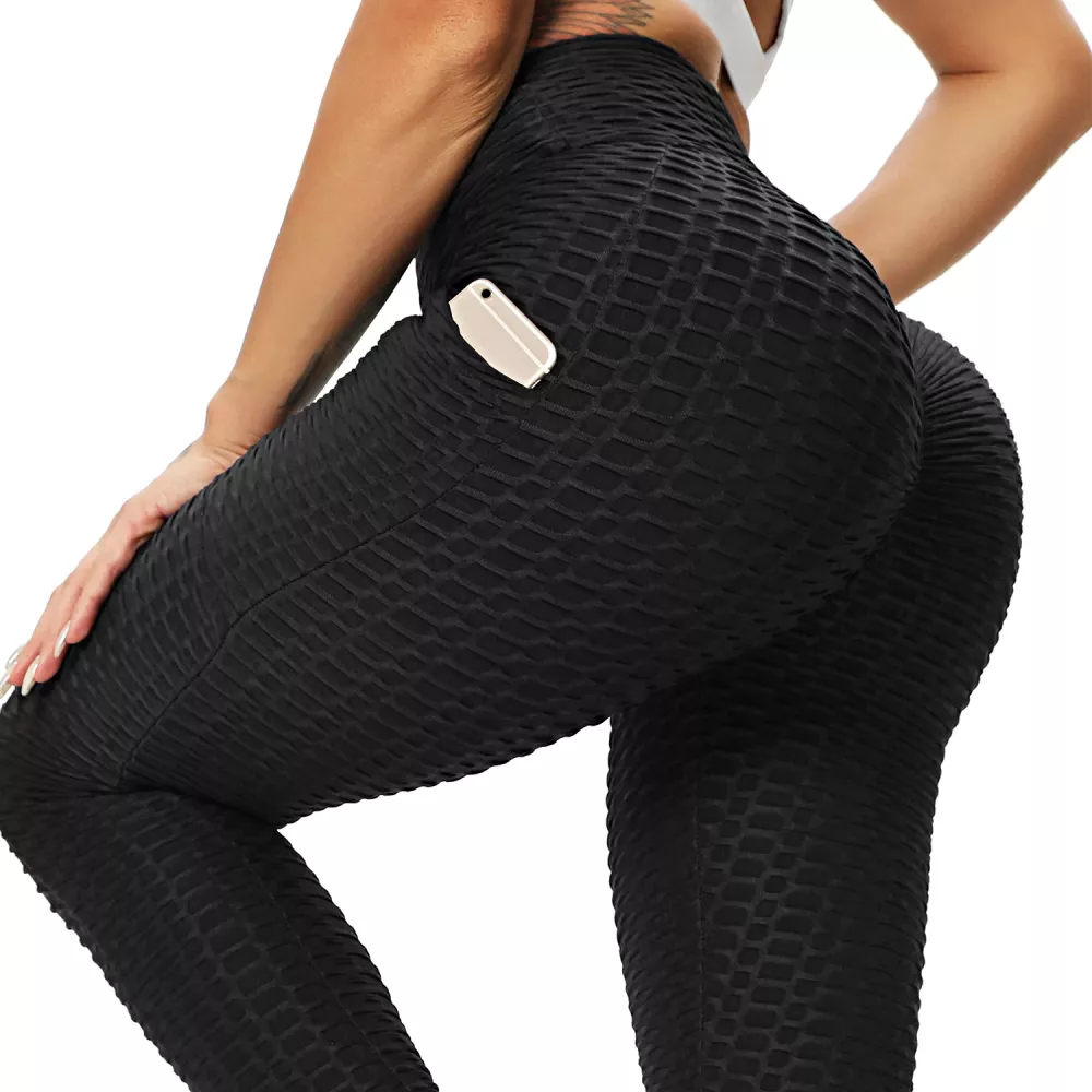 Women's Anti-Cellulite Honeycomb Leggings and Pants Bubble High Waist for Yoga, Running, Workout and Gym with Pocket